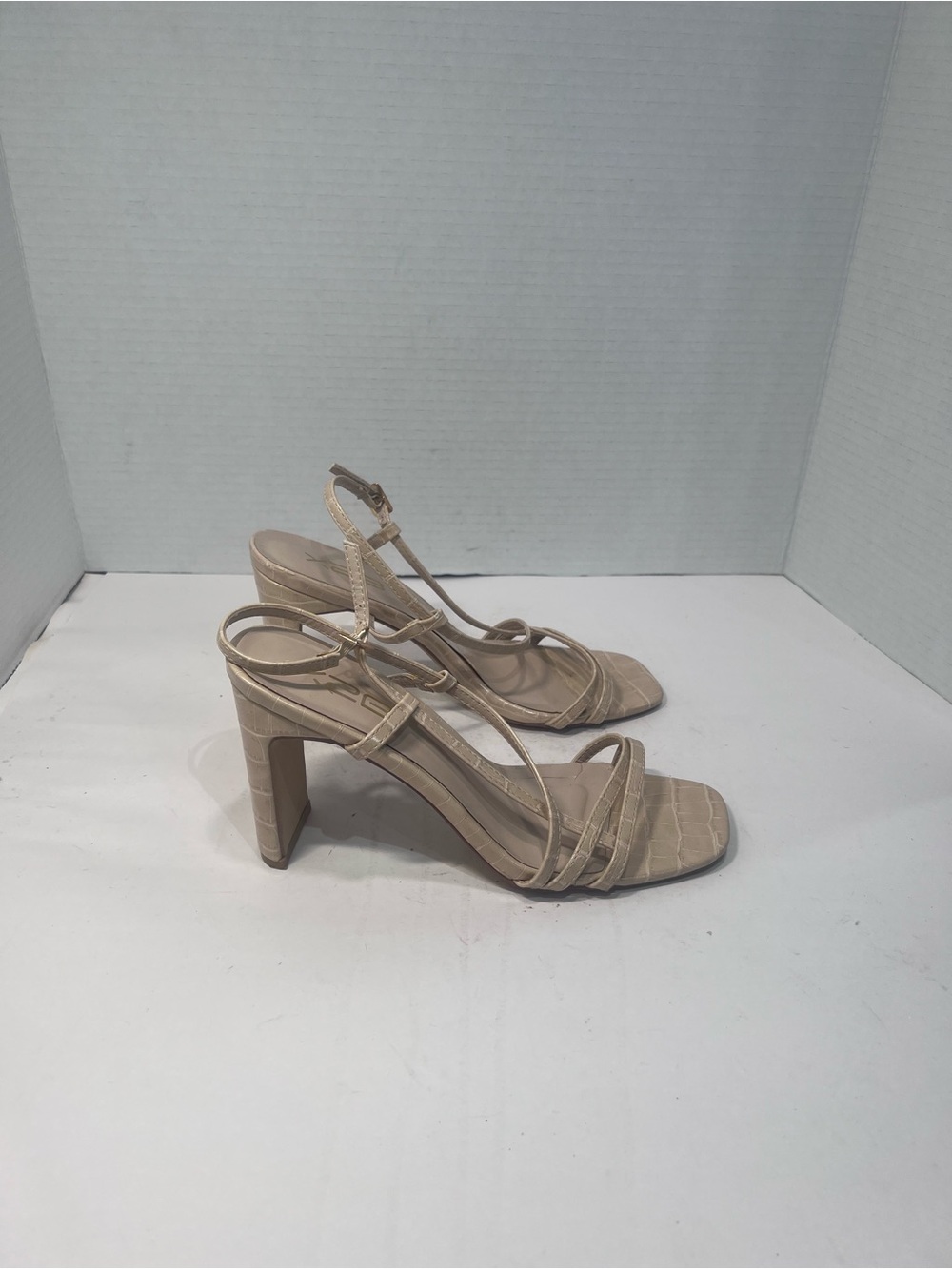 Strappy Faux-Croc Block Heel Sandals - Neutral Beige